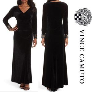 Vince Camuto Black Velvet Draped Gown Sequin Cuffs Size 12 EUC